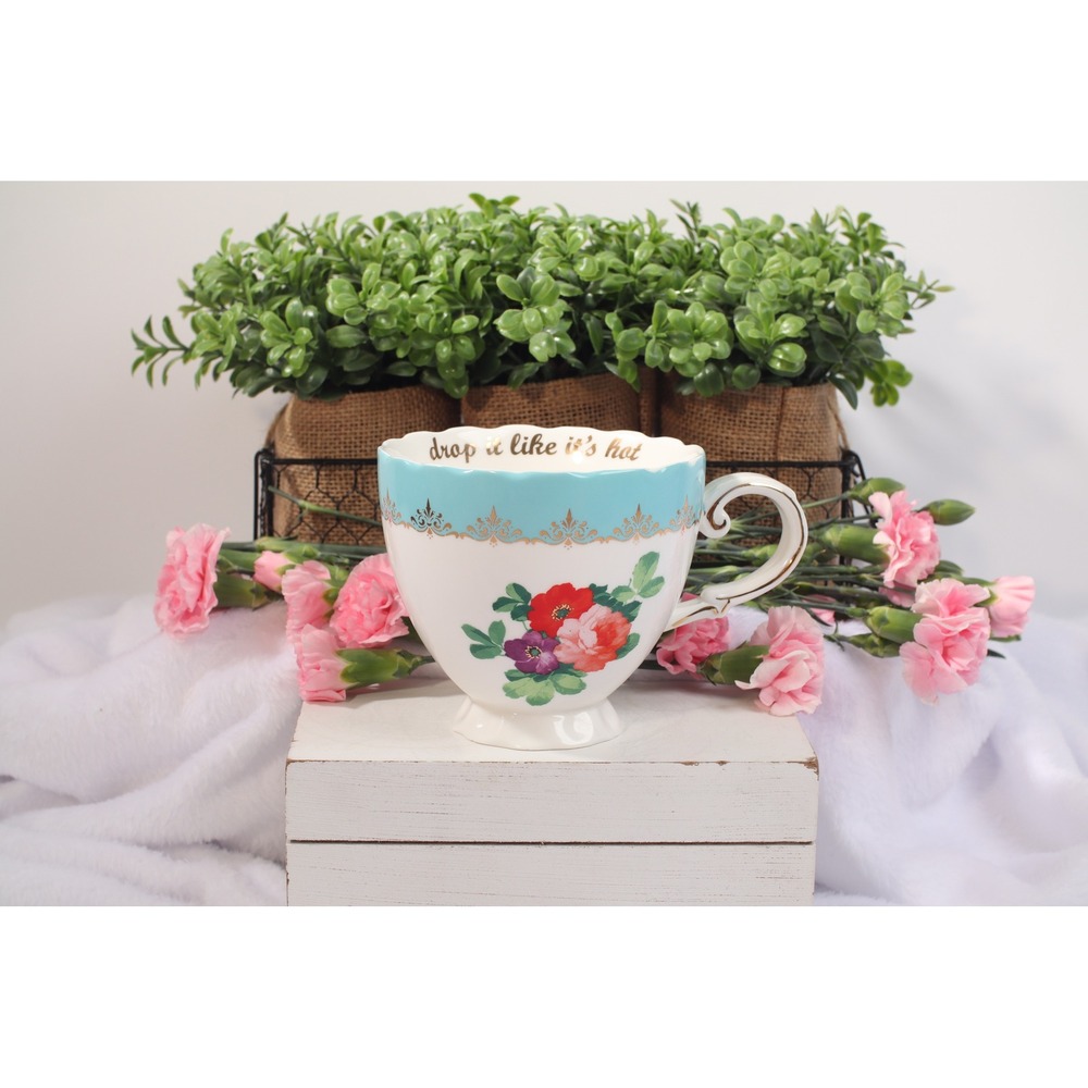 Floral Turquoise Gold Scalloped Pedestal Mug "Drop It Like It's Hot"